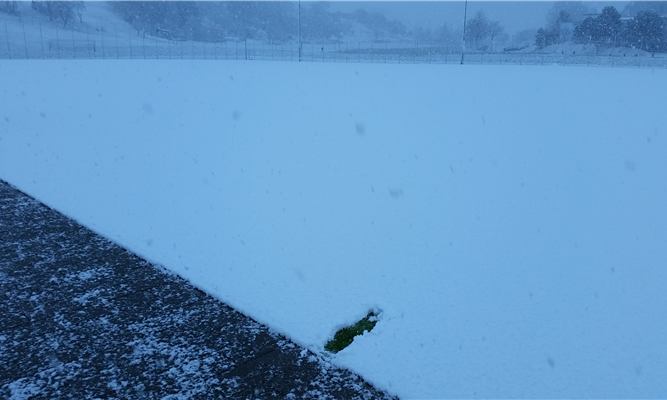 Schneegestöber auf Kunstrasenplatz